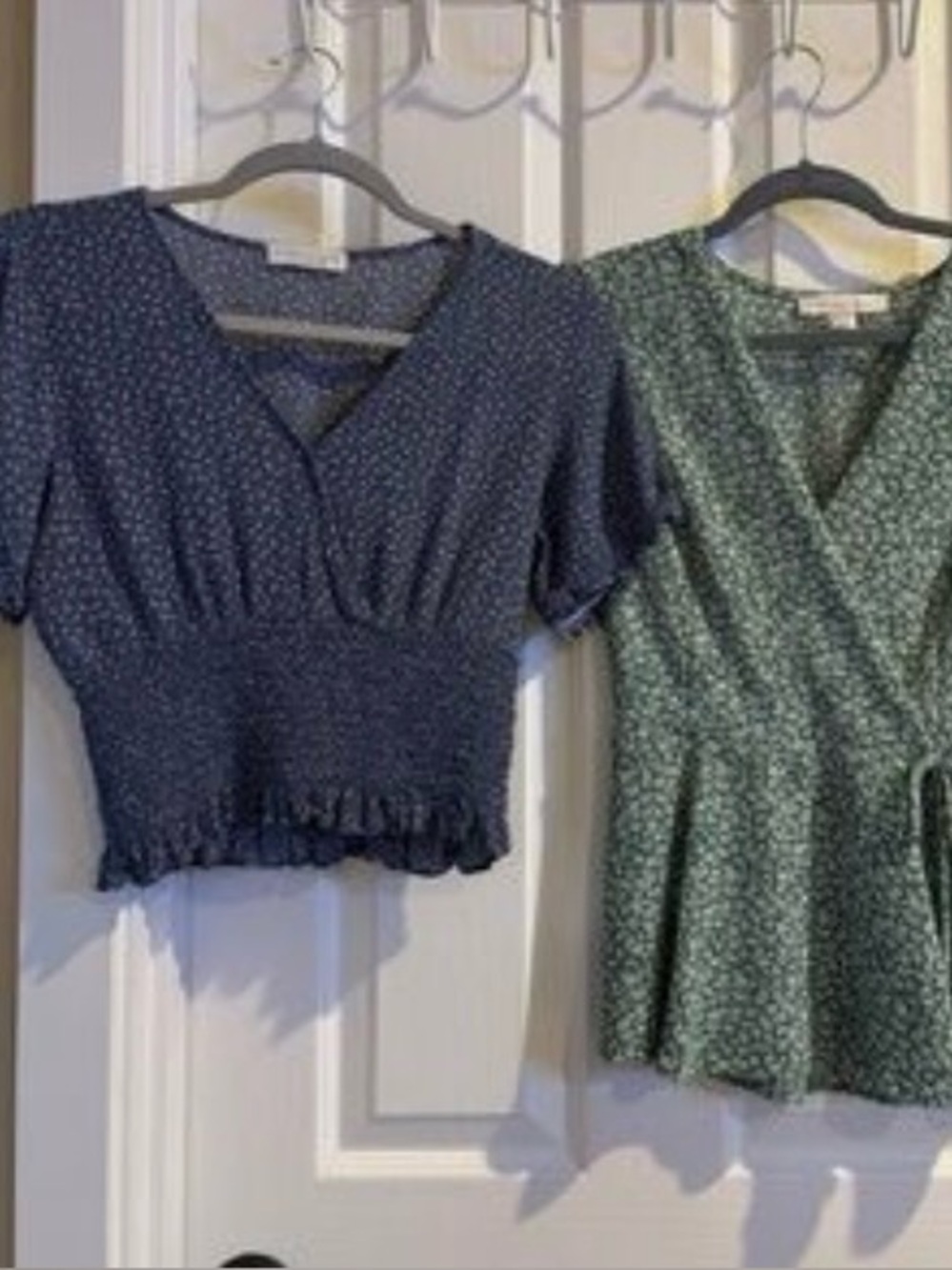 Paper Crane Blue Floral Smocked Crop Top & Monteau Green Peplum Blouse Set